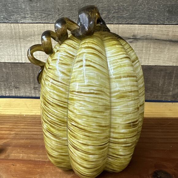 Murano Style Hand Blown Art Glass Green/Brown Pumpkin 9" Tall - Picture 4 of 7
